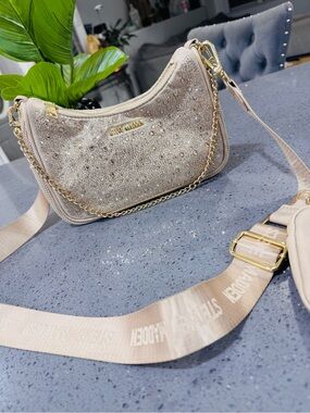Steve Madden Champagne Beige Glitter Crescent Bag with Gold Chain
